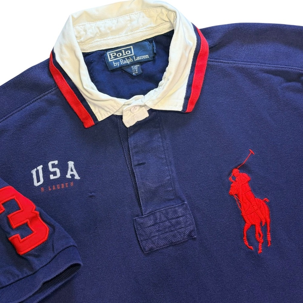 Polo Ralph Lauren Rugby Shirt Men L Blue Big Pony USA Cotton Short Sleeve Patch